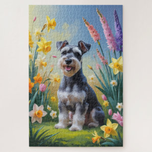 Schnauzer Dog Spring Flowers Painting Jigsaw Puzzle