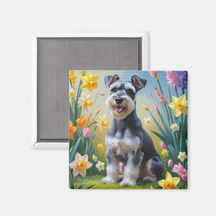 Schnauzer Dog Spring Flowers Painting  Magnet