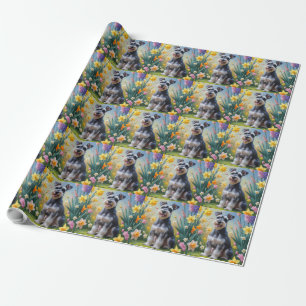 Schnauzer Dog Spring Flowers Painting  Wrapping Paper