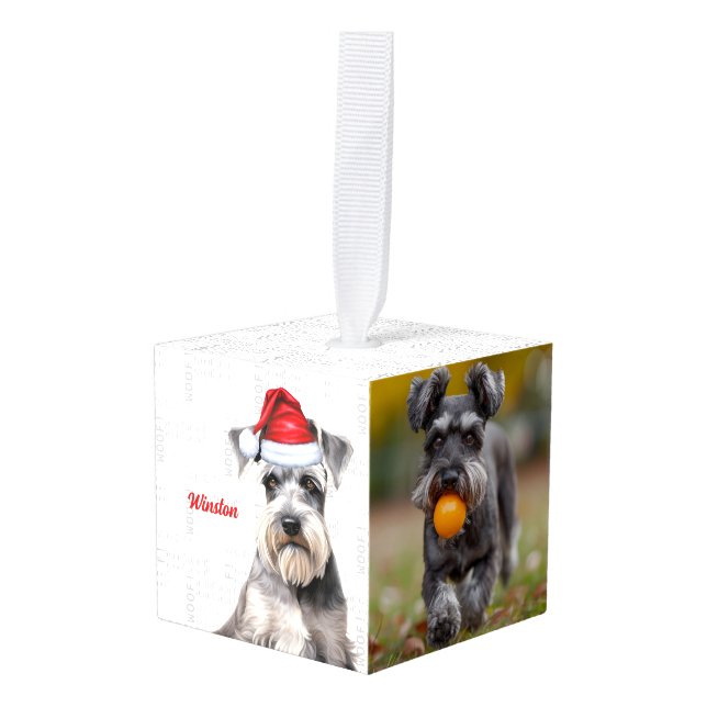 Schnauzer Dog Two Photo Christmas Holiday Cube Ornament (Front Angled)