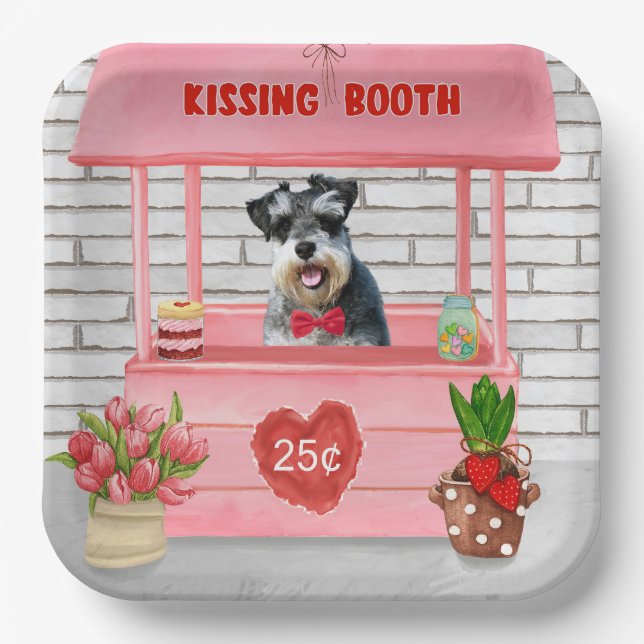 Schnauzer Dog Valentine's Day Kissing Booth Paper Plates (Front)