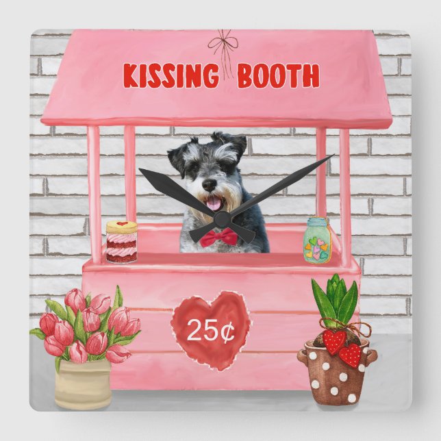 Schnauzer Dog Valentine's Day Kissing Booth Square Wall Clock (Front)