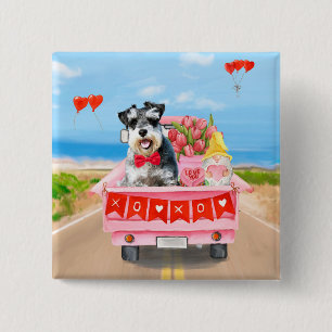 Schnauzer Dog Valentine's Day Truck Hearts Button
