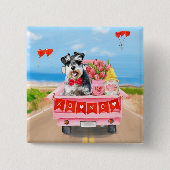 Schnauzer Dog Valentine's Day Truck Hearts Button (Front)