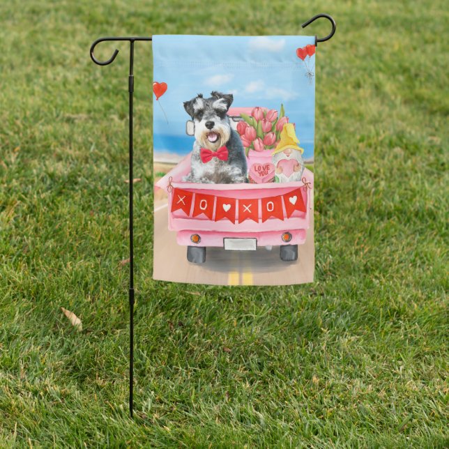 Schnauzer Dog Valentine's Day Truck Hearts Garden Flag (In SItu)