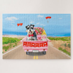 Schnauzer Dog Valentine's Day Truck Hearts Jigsaw Puzzle