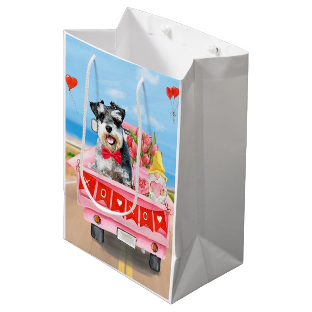 Schnauzer Dog Valentine's Day Truck Hearts Medium Gift Bag (Front Angled)