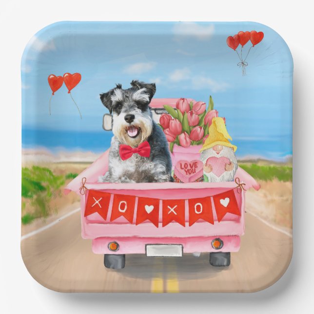 Schnauzer Dog Valentine's Day Truck Hearts Paper Plates (Front)