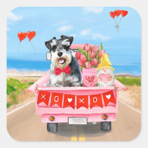 Schnauzer Dog Valentines Day Truck Hearts Square Sticker