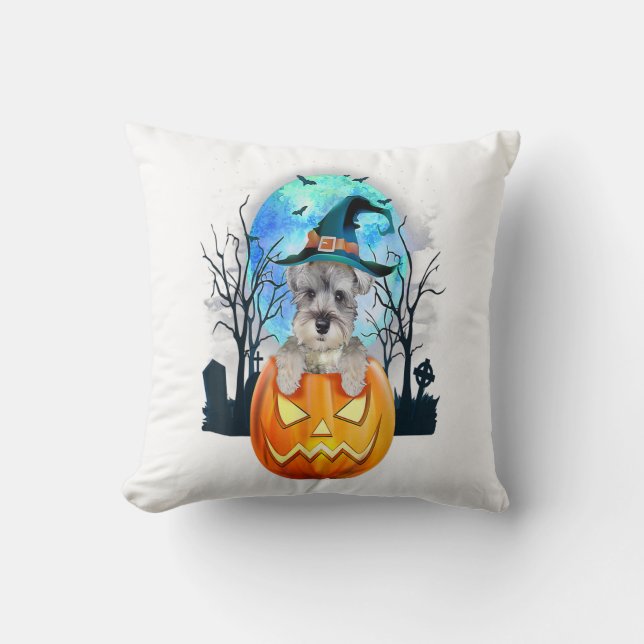 Schnauzer Dog Witch Hat Halloween Pumpkin Gift Throw Pillow (Front)
