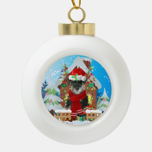 Schnauzer dog with Christmas gifts Ceramic Ball Christmas Ornament