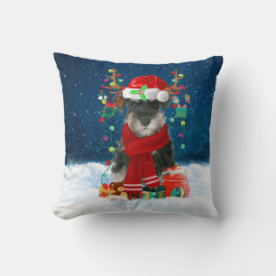 Schnauzer dog with Christmas gifts Throw Pillow