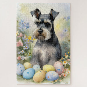 Schnauzer Dog with Easter Eggs Holiday Jigsaw Puzzle