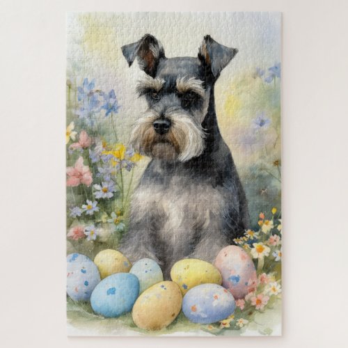 Schnauzer Dog with Easter Eggs Holiday  Jigsaw Puzzle