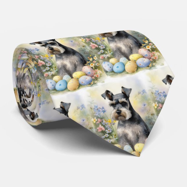 Schnauzer Dog with Easter Eggs Holiday  Neck Tie (Rolled)