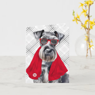Schnauzer Dog with Gray Plaid Monogrammed Card