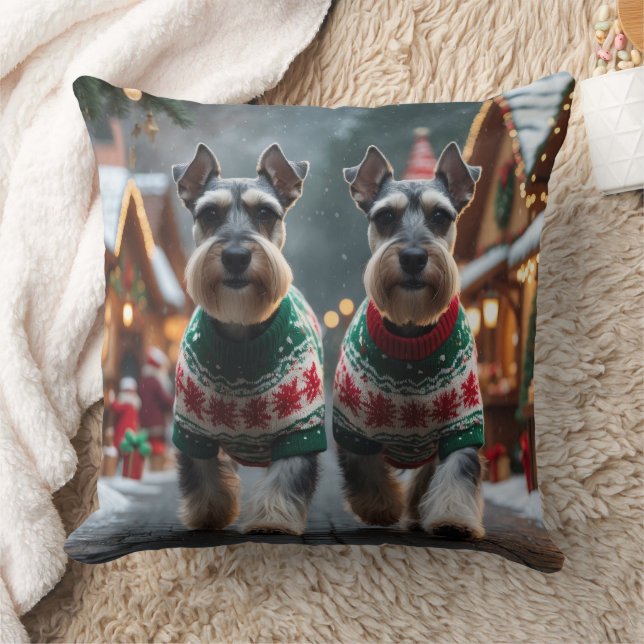 Schnauzer Dogs Christmas Snow Holiday  Throw Pillow (Blanket)
