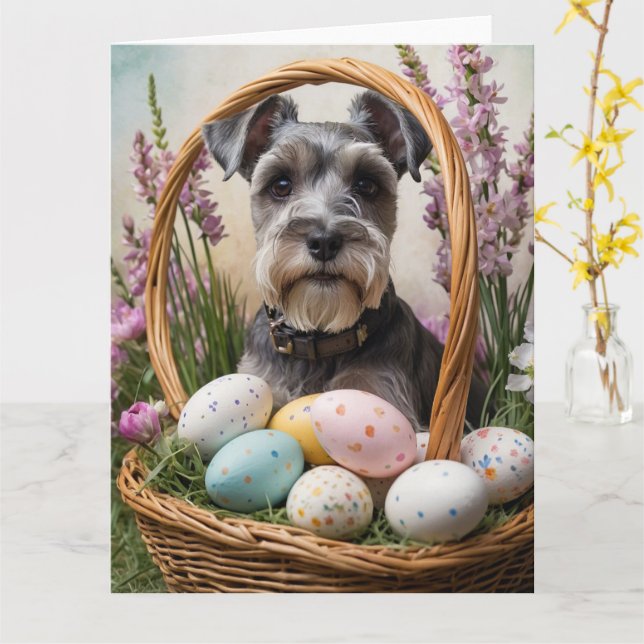 Schnauzer Easter Eggs Card (Yellow Flower)