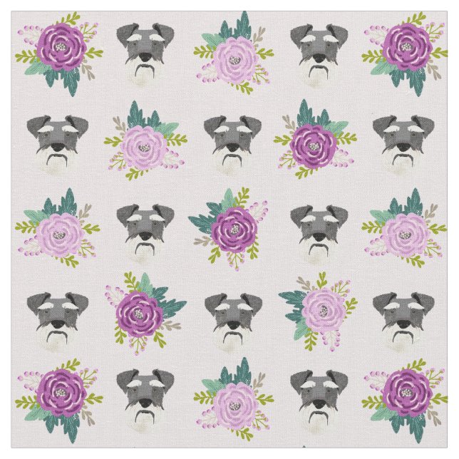 schnauzer faces lavender florals fabric (Close Up)