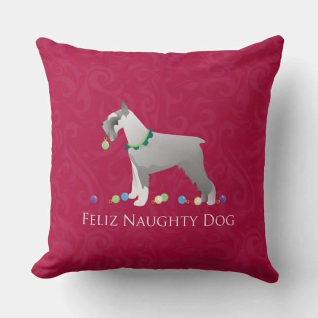 Schnauzer Feliz Naughty Dog Christmas Design Throw Pillow (Front)