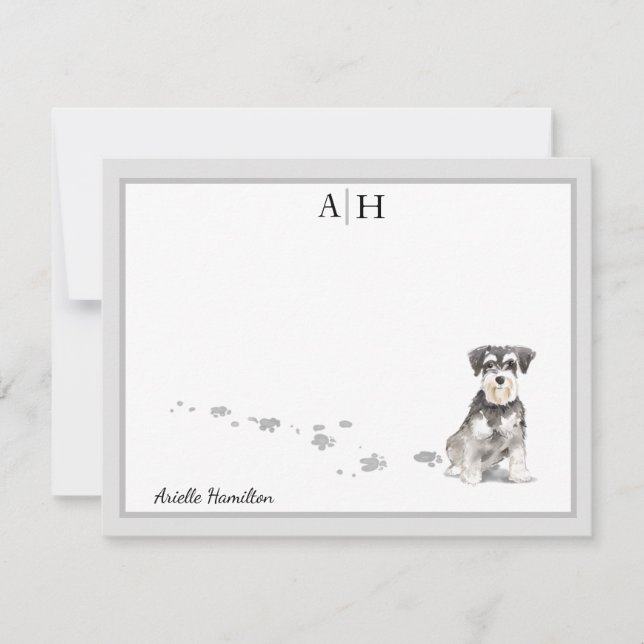 Schnauzer Gray Border Monogram Personalized Note Card (Front)