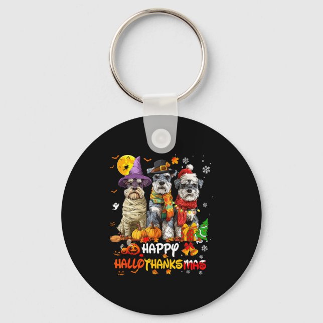 Schnauzer Happy Hallothanksmas Dog Lover Christmas Keychain (Front)