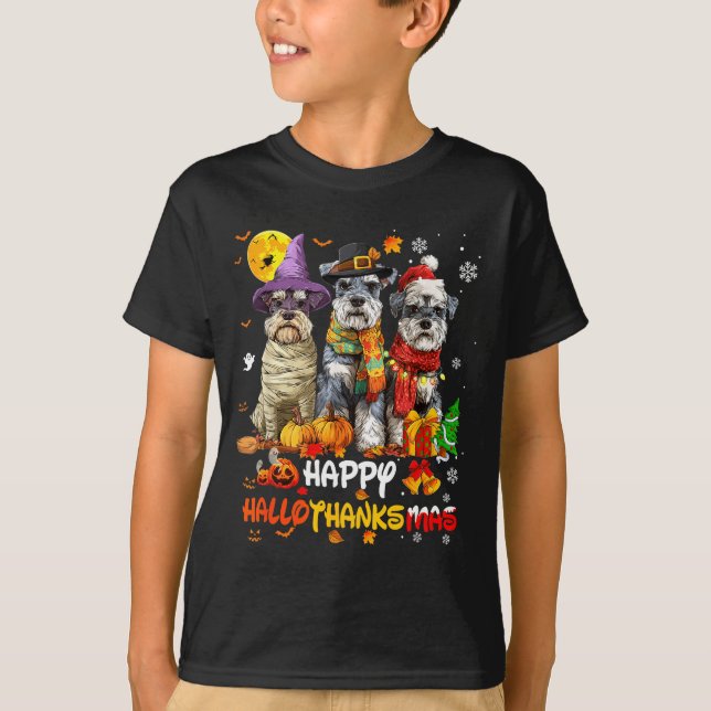 Schnauzer Happy Hallothanksmas Dog Lover Christmas T-Shirt (Front)