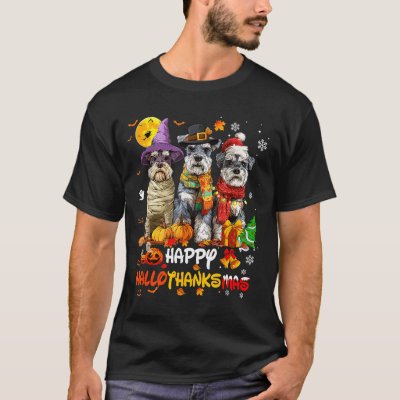 Schnauzer Happy Hallothanksmas Dog Lover Christmas T-Shirt