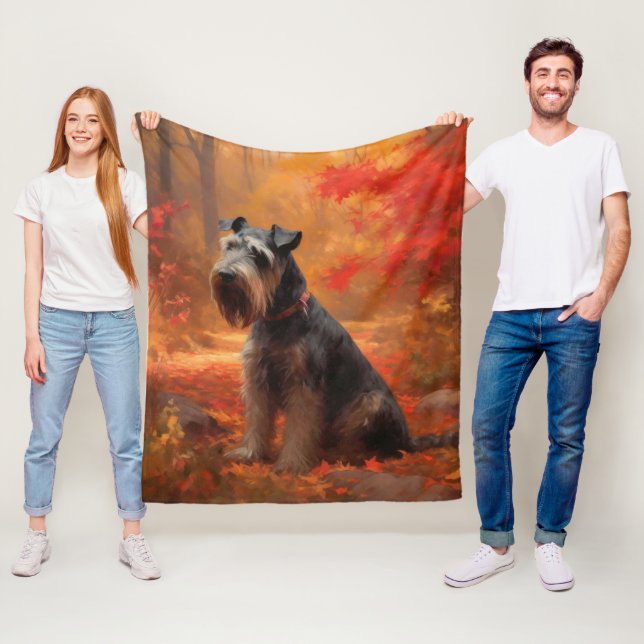 Schnauzer in Autumn Leaves Fall Inspire Fleece Blanket (In Situ)