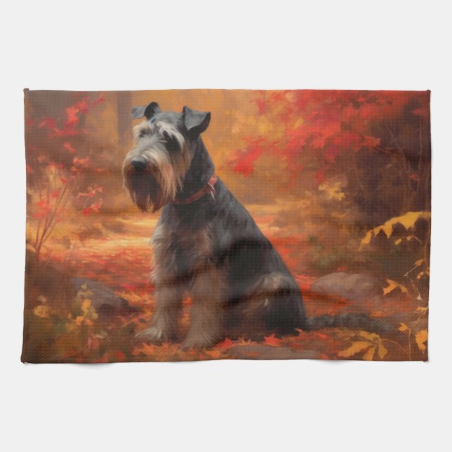 Schnauzer in Autumn Leaves Fall Inspire Kitchen Towel (Horizontal)