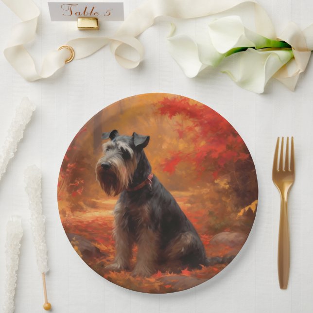 Schnauzer in Autumn Leaves Fall Inspire Paper Plates (Wedding)