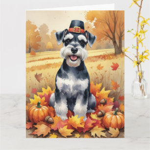 Schnauzer In Autumn Leaves Thanksgiving Art Card