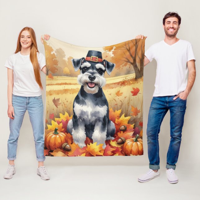 Schnauzer In Autumn Leaves Thanksgiving Art  Fleece Blanket (In Situ)