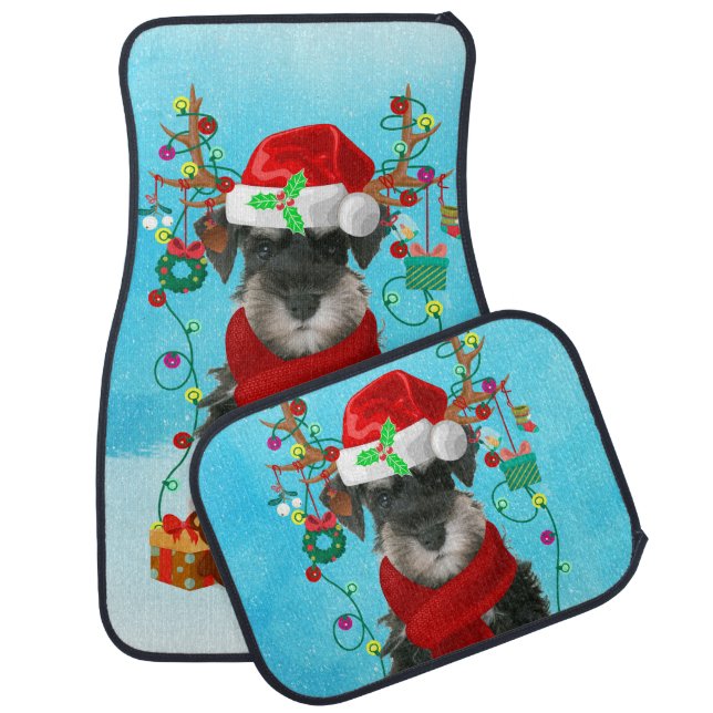 Schnauzer in snow with Christmas gifts Car Floor Mat (Set)