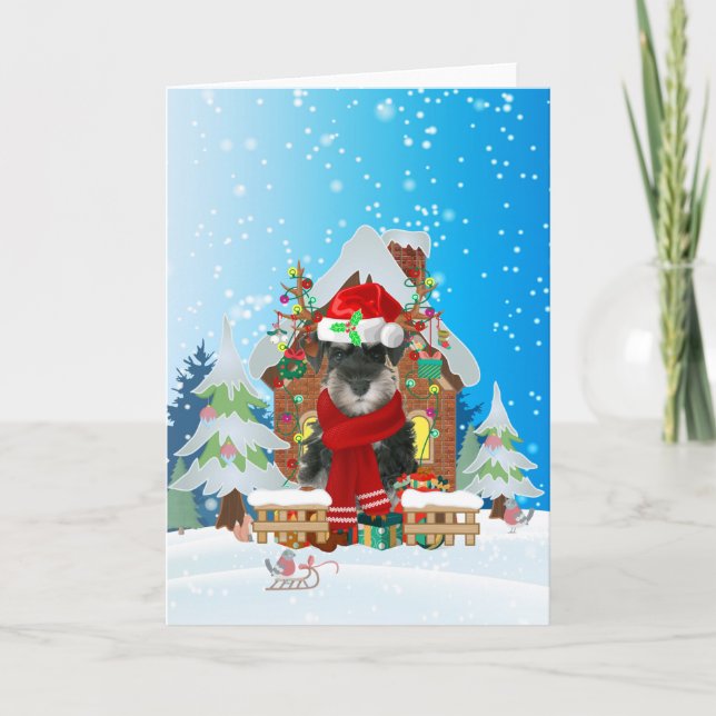 Schnauzer in snow with Christmas gifts Card (Front)