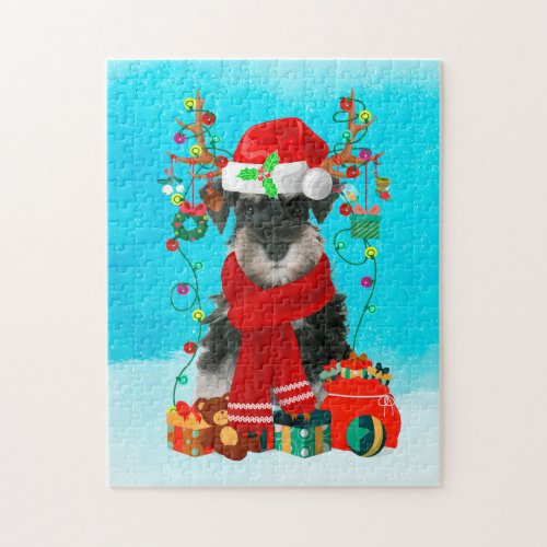 Schnauzer in snow with Christmas gifts  Jigsaw Puzzle