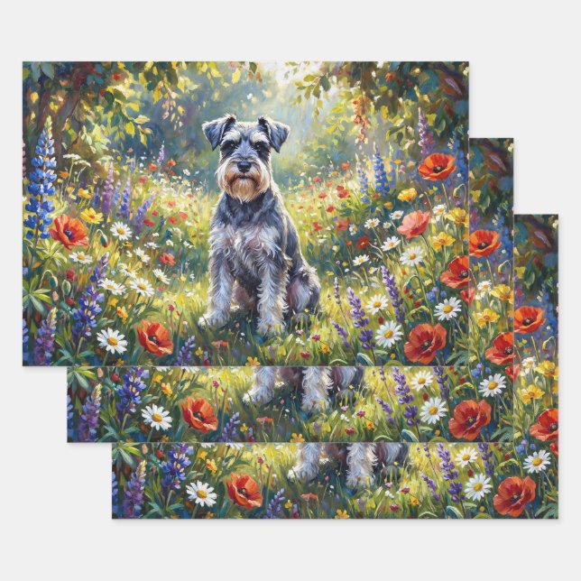 Schnauzer in Wildflower Meadow Decoupage Wrapping Paper Sheets (Set)