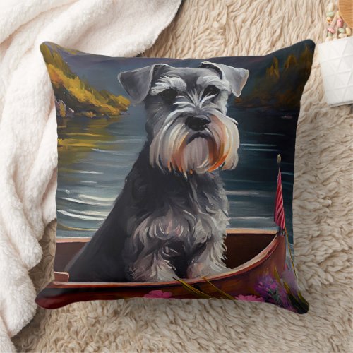 Schnauzer on a Paddle A Scenic Adventure  Throw Pillow