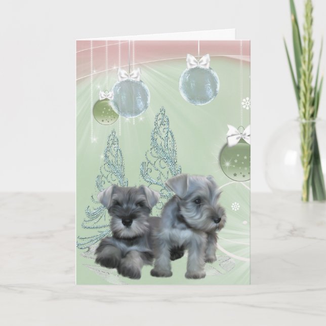 Schnauzer Puppies Pink & Green Christmas Card (Front)