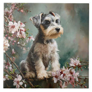 Schnauzer Puppy Among Spring Cherry Blossoms Ceramic Tile