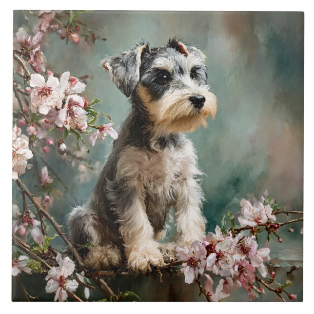 Schnauzer Puppy Among Spring Cherry Blossoms Ceramic Tile (Front)
