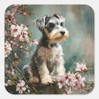 Schnauzer Puppy Among Spring Cherry Blossoms Square Sticker