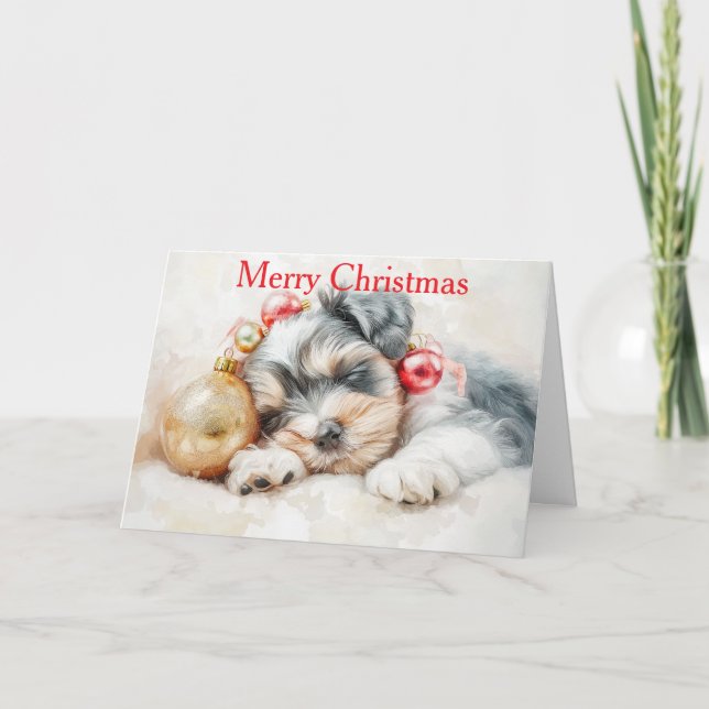 Schnauzer Puppy at Christmas Holiday Card (Front)