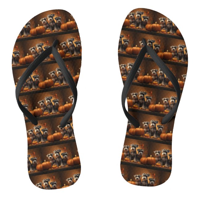 Schnauzer Puppy Autumn Delight Pumpkin  Flip Flops (Footbed)