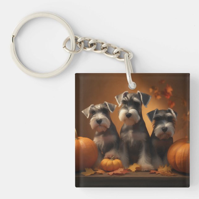 Schnauzer Puppy Autumn Delight Pumpkin  Keychain (Front)