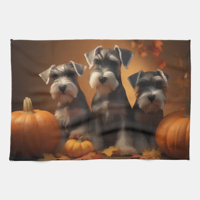 Schnauzer Puppy Autumn Delight Pumpkin  Kitchen Towel (Horizontal)