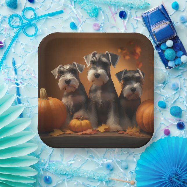Schnauzer Puppy Autumn Delight Pumpkin  Paper Plates (Party)