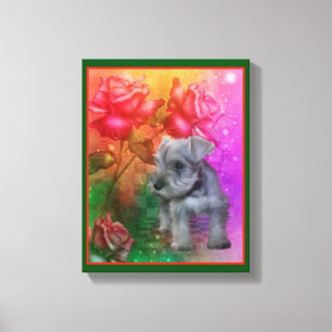 Schnauzer Puppy Fantasy Roses Dog Art Canvas Print