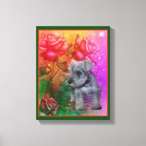 Schnauzer Puppy Fantasy Roses Dog Art Canvas Print