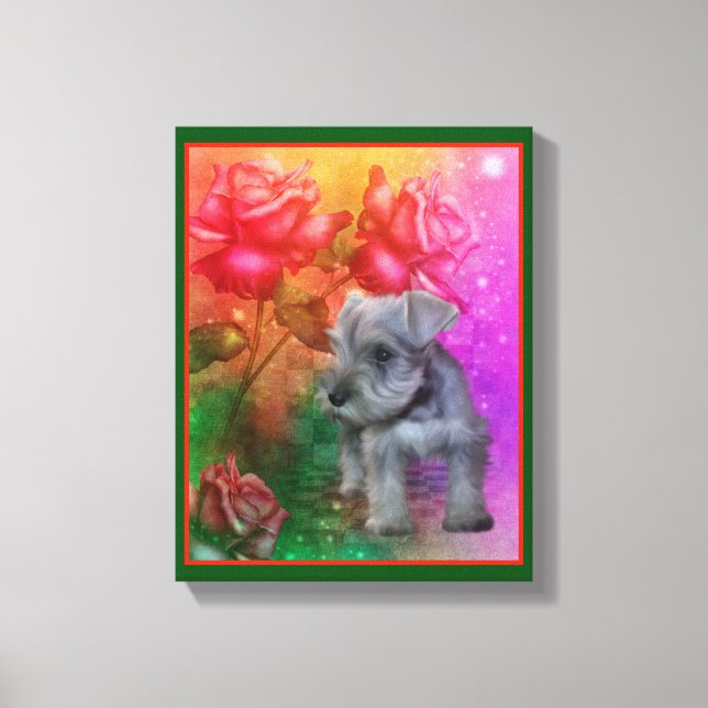 Schnauzer Puppy Fantasy Roses Dog Art Canvas Print (Front)